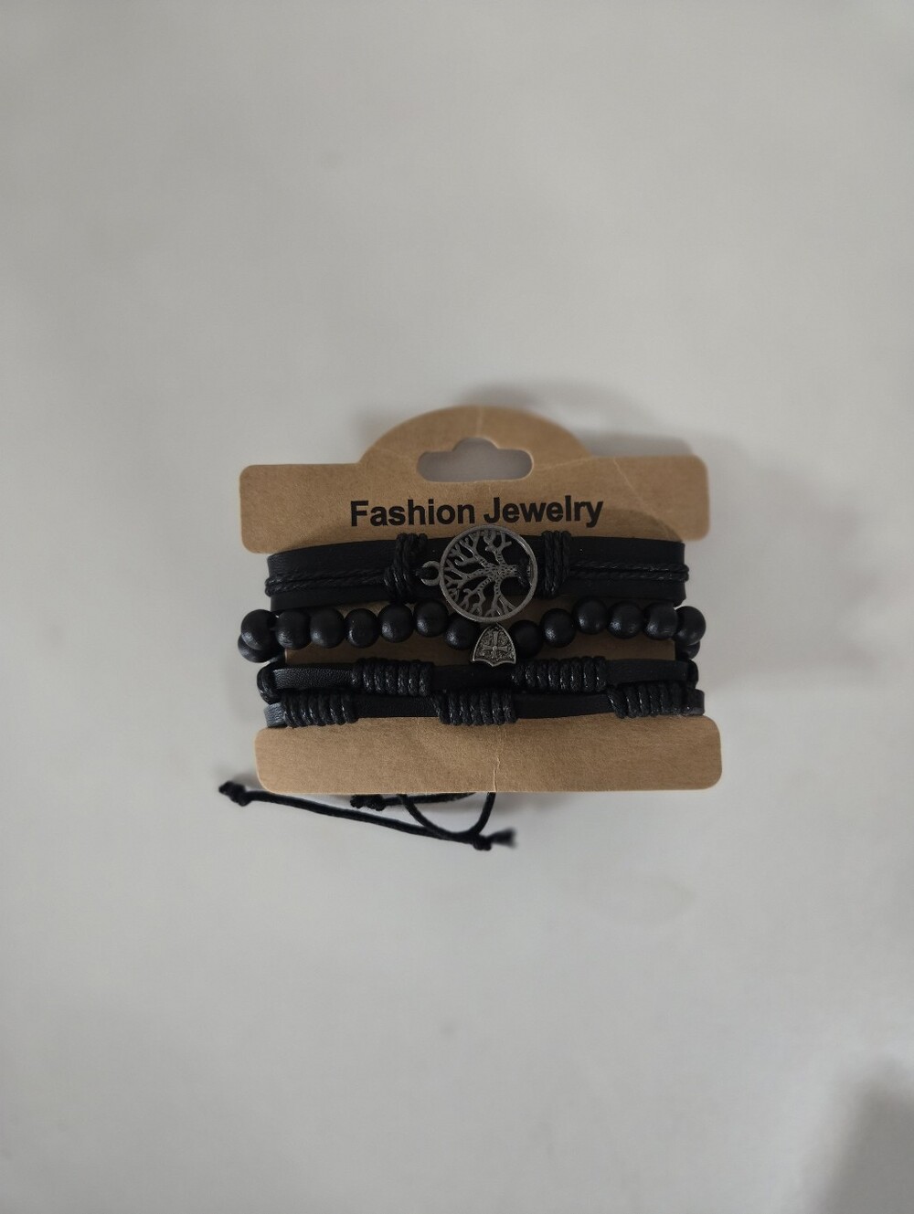 Black Leather & Beaded Bracelet Set Tree of Life Charm 3 Piece